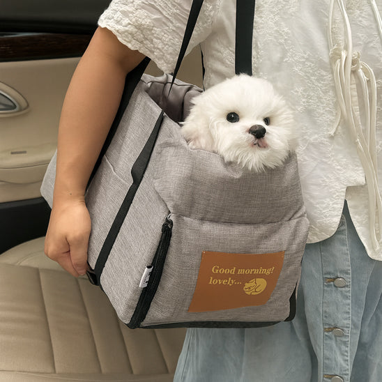 balade chien dans sac de transport pour chien gris