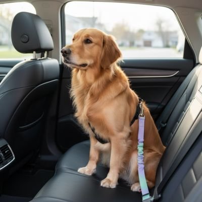 chien sur un siège auto avec Ceinture de sécurité pour chien 