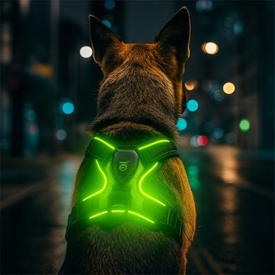 chien nuit avec harnais lumineux chien