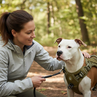 femme attache chien avec harnais chien