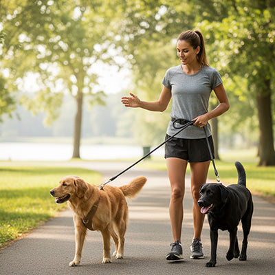 femme attache deux chiens avec laisse pour chien main libre