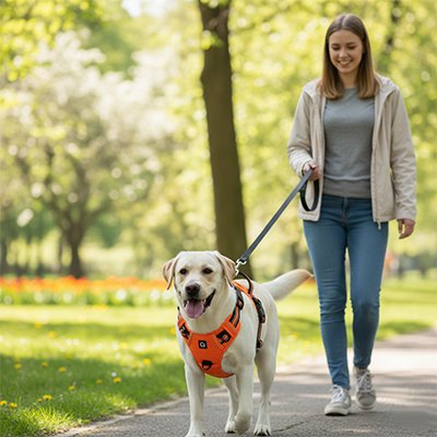 femme balade avec harnais chien