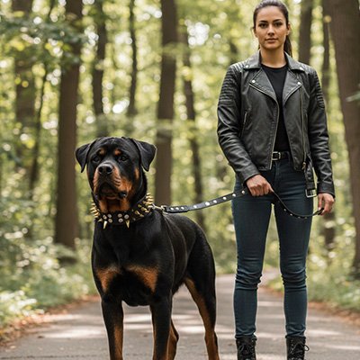 femme balade chien avec collier pour chien en cuir