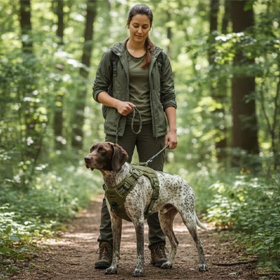 femme balade chien avec harnais chien