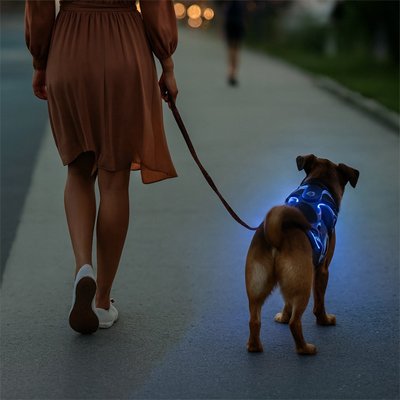 femme balade chien avec harnais lumineux chien