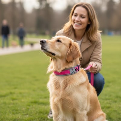 femme balade son chien avec collier pour chien