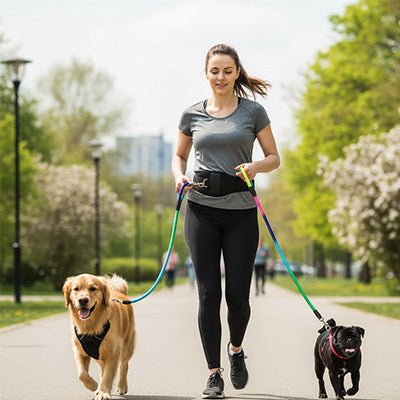 femme court avec deux chiens en laisse pour chien main libre