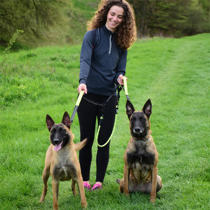 femme et deux grands chiens avec double laisse pour chien