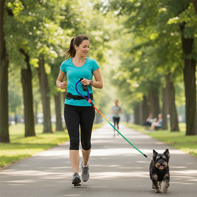 femme et son chien courent avec laisse pour chien main libre