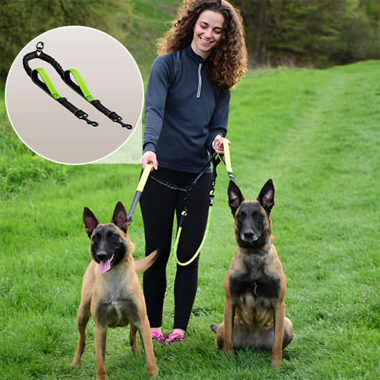femme heureuse avec double laisse pour chien