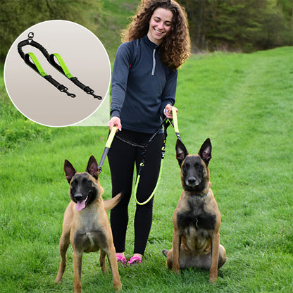 femme heureuse avec double laisse pour chien