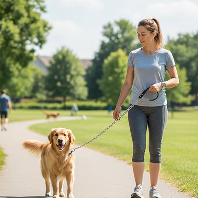 femme promène chien avec laisse pour chien