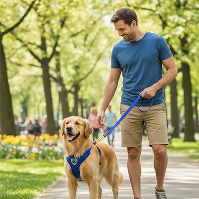 homme balade son chien avec harnais chien