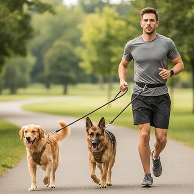 homme court avec deux chiens en laisse pour chien main libre