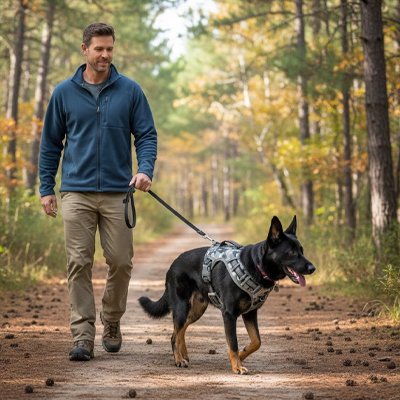 homme promène chien avec harnais chien