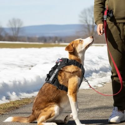 homme sort son chien avec harnais chien