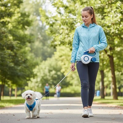 laisse chien enrouleur avec chien en extérieur