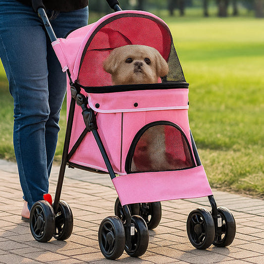 petit chien dans poussette pour chien rose