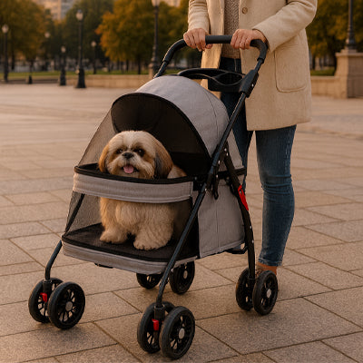 petit chien dans poussette pour chien toute couverte