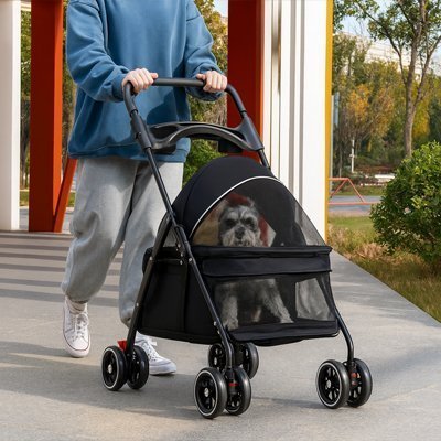 Poussette pour Chien noir avec fermeture complète en filet 