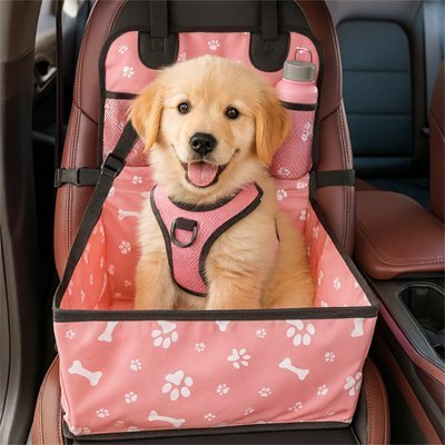 chiot dans un Siege auto chien rose avec rangement 
